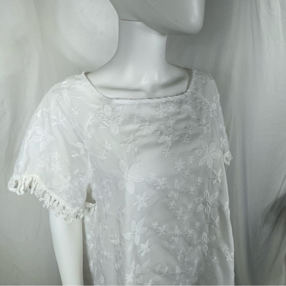 Women’s White Embroidered Floral Fringe Edge Tunic Dress - Picture 2 of 6